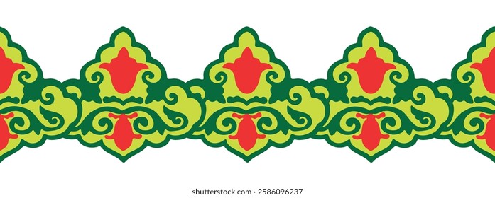 Floral pattern Tatar Native Ornamental border with tulips. Culture of the Tatar people, symbols of green and red.
