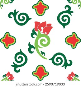 Floral pattern Tatar Native Ornamental border with tulips. Culture of the Tatar people, symbols of green and red.