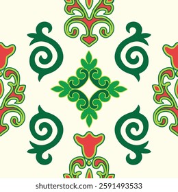 Floral pattern Tatar Native Ornamental border with tulips. Culture of the Tatar people, symbols of green and red.