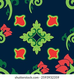 Floral pattern Tatar Native Ornamental border with tulips. Culture of the Tatar people, symbols of green and red.