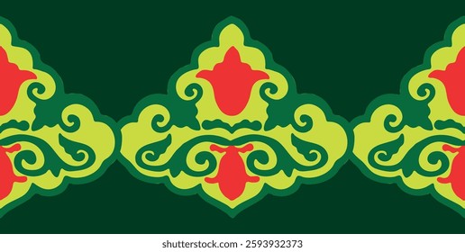 Floral pattern Tatar Native Ornamental border with tulips. Culture of the Tatar people, symbols of green and red.