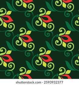 Floral pattern Tatar Native Ornamental border with tulips. Culture of the Tatar people, symbols of green and red.