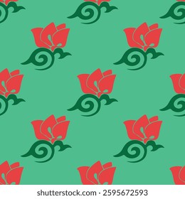 Floral pattern Tatar Native Ornamental border with tulips. Culture of the Tatar people, symbols of green and red.