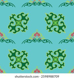 Floral pattern Tatar Native Ornamental border with tulips. Culture of the Tatar people, symbols of green and red.