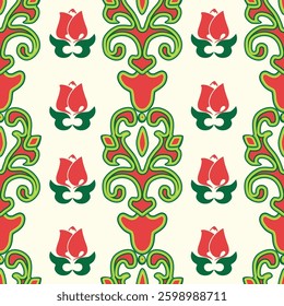 Floral pattern Tatar Native Ornamental border with tulips. Culture of the Tatar people, symbols of green and red.