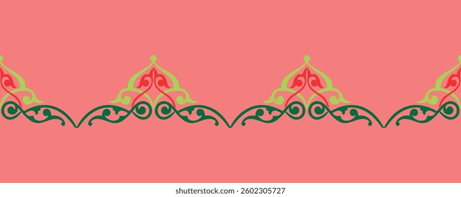 Floral pattern Tatar Native Ornamental border with tulips. Culture of the Tatar people, symbols of green and red.