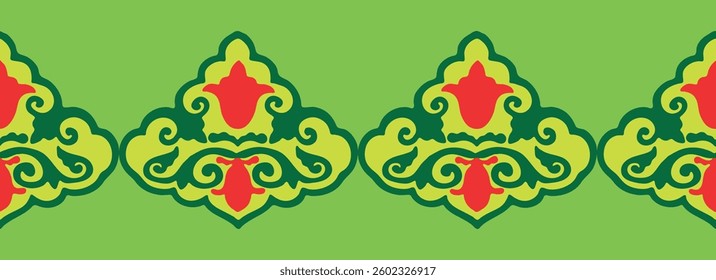 Floral pattern Tatar Native Ornamental border with tulips. Culture of the Tatar people, symbols of green and red.