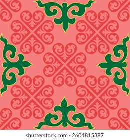 Floral pattern Tatar Native Ornamental border with tulips. Culture of the Tatar people, symbols of green and red.