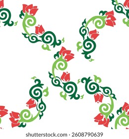Floral pattern Tatar Native Ornamental border with tulips. Culture of the Tatar people, symbols of green and red.