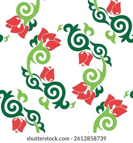 Floral pattern Tatar Native Ornamental border with tulips. Culture of the Tatar people, symbols of green and red.
