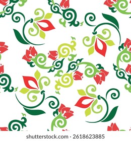 Floral pattern Tatar Native Ornamental border with tulips. Culture of the Tatar people, symbols of green and red.