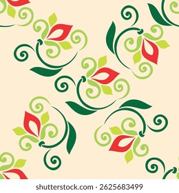 Floral pattern Tatar Native Ornamental border with tulips. Culture of the Tatar people, symbols of green and red.