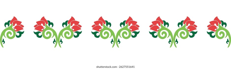 Floral pattern Tatar Native Ornamental border with tulips. Culture of the Tatar people, symbols of green and red.