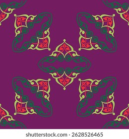 Patrón floral tártaro Borde ornamental nativo con tulipanes. Cultura del pueblo tártaro, símbolos de verde y rojo.