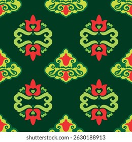 Padrão floral Tártaro Nativo Borda ornamental com tulipas. Cultura do povo tártaro, símbolos de verde e vermelho.