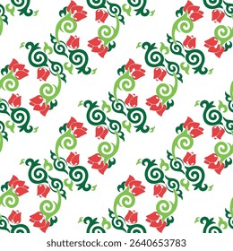 Floral pattern Tatar Native Ornamental border with tulips. Culture of the Tatar people, symbols of green and red.