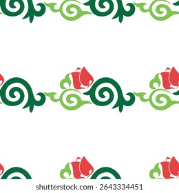 Padrão floral Tártaro Nativo Borda ornamental com tulipas. Cultura do povo tártaro, símbolos de verde e vermelho.