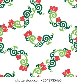 Floral pattern Tatar Native Ornamental border with tulips. Culture of the Tatar people, symbols of green and red.