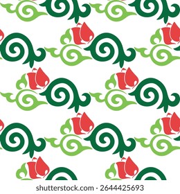 Padrão floral Tártaro Nativo Borda ornamental com tulipas. Cultura do povo tártaro, símbolos de verde e vermelho.