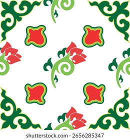 Padrão floral Tártaro Nativo Borda ornamental com tulipas. Cultura do povo tártaro, símbolos de verde e vermelho.