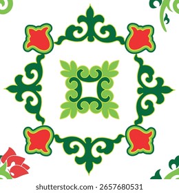 Blumenmuster Tatar Native Ornamental Grenze mit Tulpen. Kultur des tatarischen Volkes, Symbole von Grün und Rot.