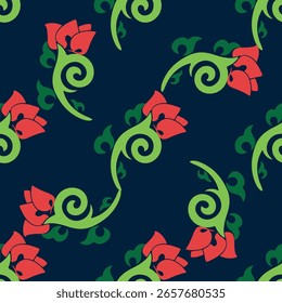 Blumenmuster Tatar Native Ornamental Grenze mit Tulpen. Kultur des tatarischen Volkes, Symbole von Grün und Rot.