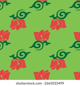 Floral pattern Tatar Native Ornamental border with tulips. Culture of the Tatar people, symbols of green and red.