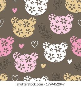 Floral Pattern Teddy Bear Head, Seamless Pattern With Teddy Bear, Vector Textile Fabric Print, Wrapping Paper