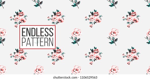 Floral pattern. Tender peony flower and pink flowers bouquet vector seamless pattern in watercolor style. Blooming seamless background with flowers.
