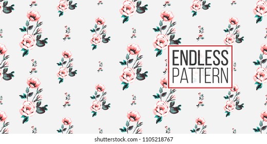 Floral pattern. Tender pink flower and roses vector seamless pattern in watercolor style. Blooming seamless background with flowers.