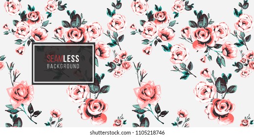 Floral pattern. Tender pink rose flowers, vector seamless pattern in watercolor style. Blooming seamless background with flowers.