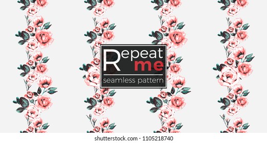 Floral pattern. Tender roses border and beautiful bouquet vector seamless pattern in watercolor style. Blooming seamless background with flowers.