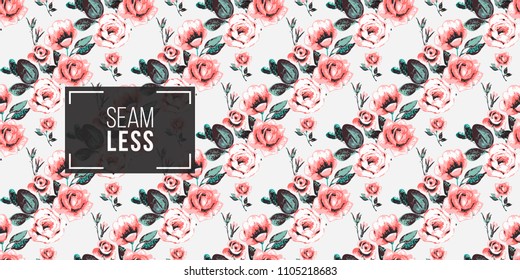 Floral pattern. Tender roses brunch and beautiful bouquet vector seamless pattern in watercolor style. Blooming seamless background with flowers.