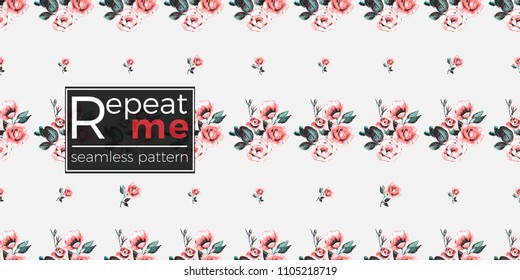 Floral pattern. Tender roses brunch and beautiful bouquet vector seamless pattern in watercolor style. Blooming seamless background with flowers.