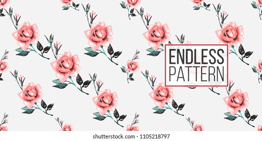 Floral pattern. Tender roses brunch vector seamless pattern in watercolor style. Blooming seamless background with flowers.