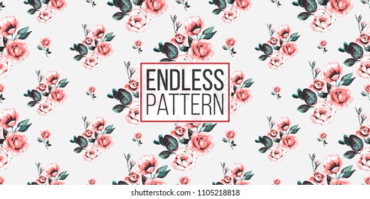 Floral pattern. Tender roses brunch and beautiful bouquet vector seamless pattern in watercolor style. Blooming seamless background with flowers.
