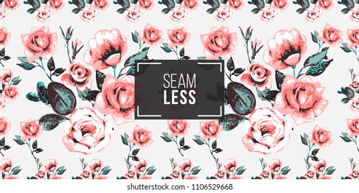 Floral pattern. Tender roses brunch and beautiful bouquet vector seamless pattern in watercolor style. Blooming seamless background with flowers.