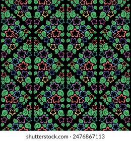 Floral pattern for textile and interior design, black background, leaves, flower, colored, seamless pattern, art, vector