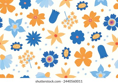 Floral pattern, textile print, wallpaper decorated with handd rawn cartoon blue and yellow flowers. EPS 10