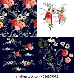 Floral pattern, thank you card, bouquets, garden flowers and herbs