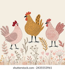  Floral pattern with three cute cartoon chickens  on white background