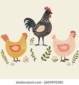 Floral pattern with three cute cartoon chickens  on white background