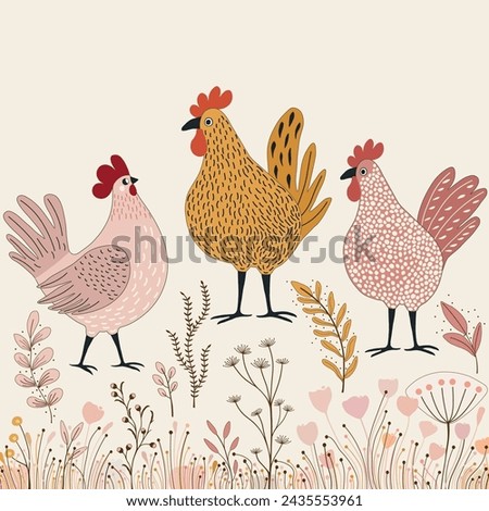  Floral pattern with three cute cartoon chickens  on white background
