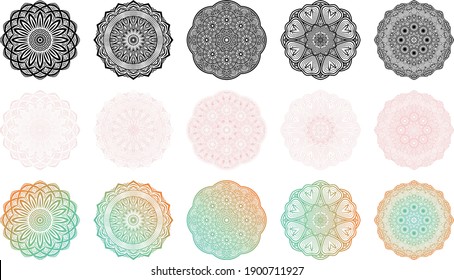 Floral Pattern, Traditional Mandala, Chakra Mandala, Spiritual Ornament, And African Circular Pattern Shape In Solid Colors, Outline, And Gradient Color Forms In Isolated Vector