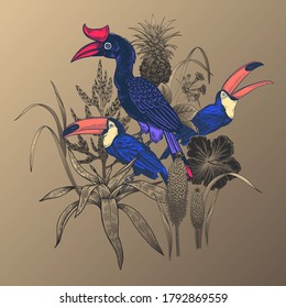 Floral pattern. Tropical birds toucans, leaves, pineapple, flowers hibiscus isolated. Black, gold and blue. Vector illustration. Vintage engraving. Decoration for print on T-shirts, pillows, scarf.