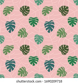 Floral pattern tropical monstera leaf vector design on the pink background.