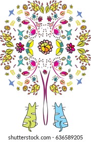 Floral pattern. Two kittens against the background of a fairy tree