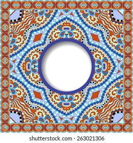 floral pattern in ukrainian oriental ethnic style for your greeting card or invitation, template frame design for card, vintage lace doily, vector illustration