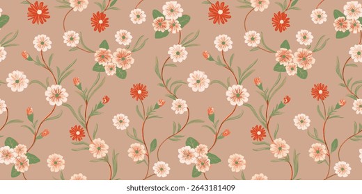 Floral Pattern With Various Flowers In Shades Of White, Orange, And Cream, Set Against A Light Brown Background. 