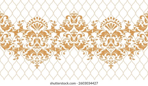 Floral pattern. Vector background. Vintage wallpaper in the Baroque style. White and golden ornament for fabric, wallpaper, packaging. Ornate Damask flower illustration